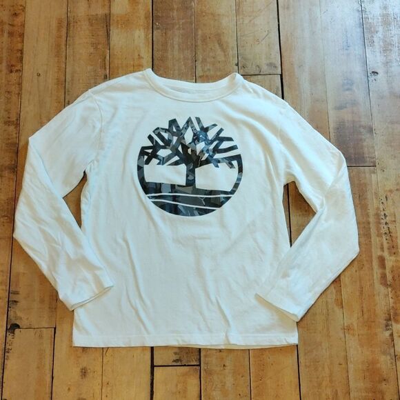 Timberland Shirt size 8 Long Sleeve White Black Cotton Spring Neutral Unisex - Picture 1 of 5